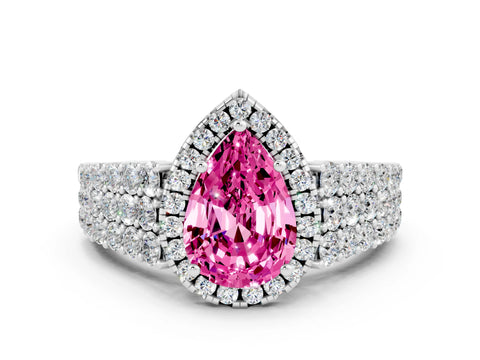 White gold Pear Cut Halo Pavé Diamond Engagement Ring with Split Shank and Four-Prong Setting