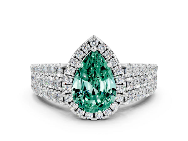 Platinum Pear Cut Green Sapphire Halo Engagement Ring with Triple Row Round Pavé Band and Prong Setting