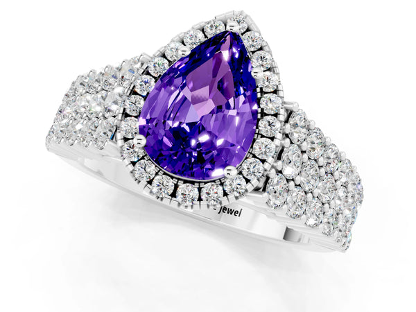 White gold Pear Cut Tanzanite Halo Engagement Ring with Triple Row Round Pavé Band and Prong Setting
