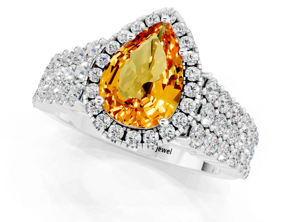 Platinum Pear Cut Citrine Halo Engagement Ring with Triple Row Round Pavé Band and Prong Setting