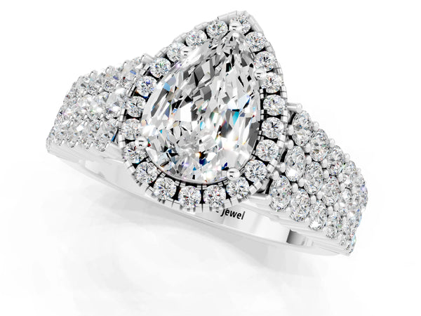 Silver Pear Cut Moissanite Halo Engagement Ring with Triple Row Round Pavé Band and Prong Setting