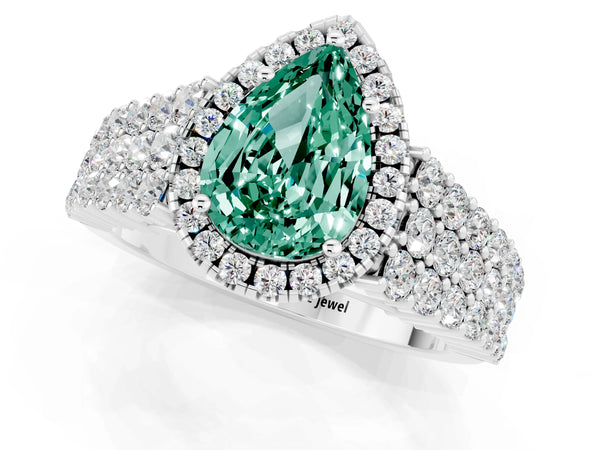 Silver Pear Cut Green Sapphire Halo Engagement Ring with Triple Row Round Pavé Band and Prong Setting
