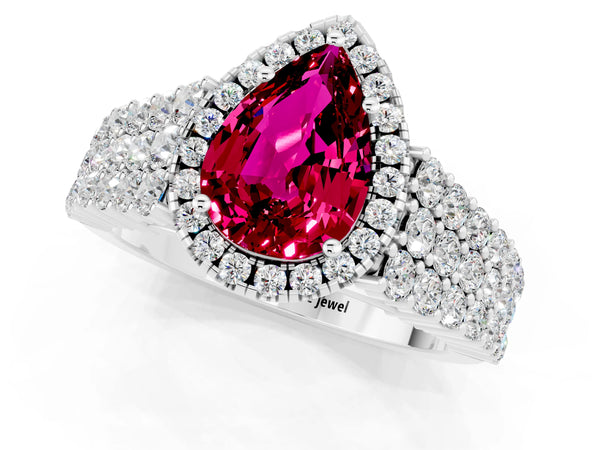 White gold Pear Cut Garnet Halo Engagement Ring with Triple Row Round Pavé Band and Prong Setting