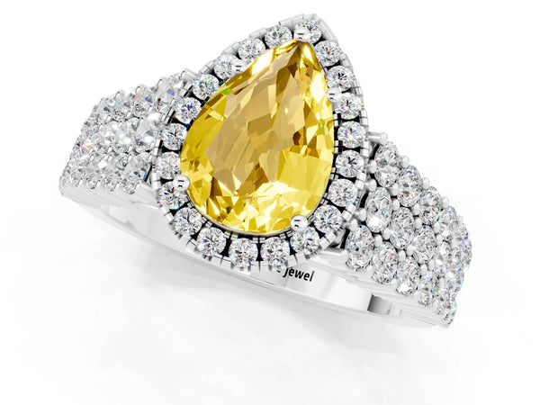 Platinum Pear Cut Yellow Sapphire Halo Engagement Ring with Triple Row Round Pavé Band and Prong Setting