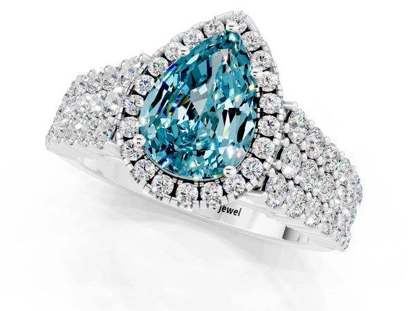 White gold Pear Cut Halo Pavé Diamond Engagement Ring with Split Shank and Four-Prong Setting