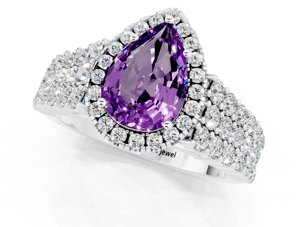 Silver Pear Cut Amethyst Halo Engagement Ring with Triple Row Round Pavé Band and Prong Setting