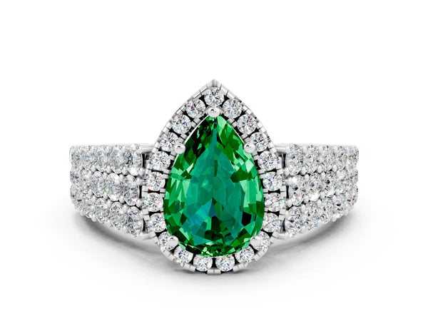 Silver Pear Cut Emerald Halo Engagement Ring with Triple Row Round Pavé Band and Prong Setting