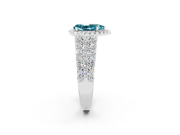 Platinum Pear Cut Halo Pavé Diamond Engagement Ring with Split Shank and Four-Prong Setting