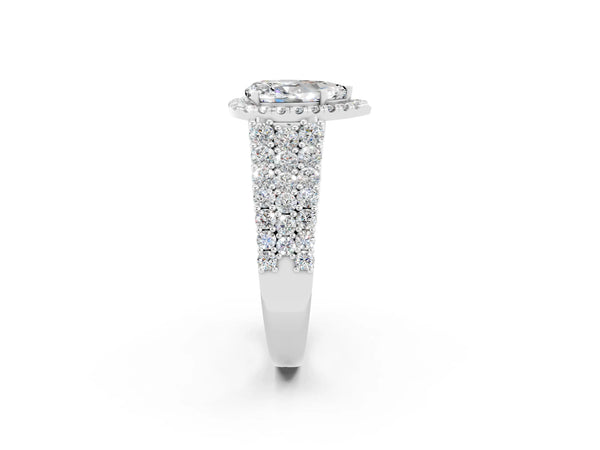 Platinum Pear Cut Moissanite Halo Engagement Ring with Triple Row Round Pavé Band and Prong Setting