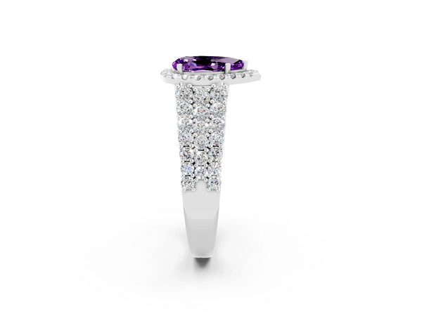 Platinum Pear Cut Amethyst Halo Engagement Ring with Triple Row Round Pavé Band and Prong Setting