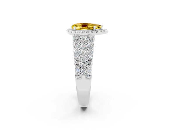 Platinum Pear Cut Yellow Sapphire Halo Engagement Ring with Triple Row Round Pavé Band and Prong Setting