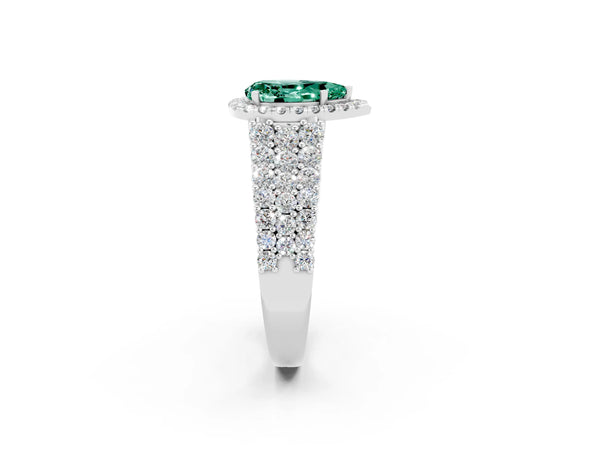 Platinum Pear Cut Green Sapphire Halo Engagement Ring with Triple Row Round Pavé Band and Prong Setting