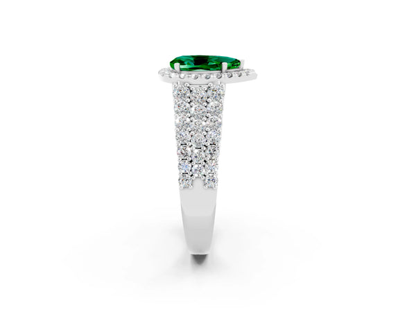 Silver Pear Cut Emerald Halo Engagement Ring with Triple Row Round Pavé Band and Prong Setting
