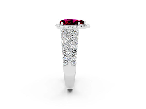 Silver Pear Cut Garnet Halo Engagement Ring with Triple Row Round Pavé Band and Prong Setting