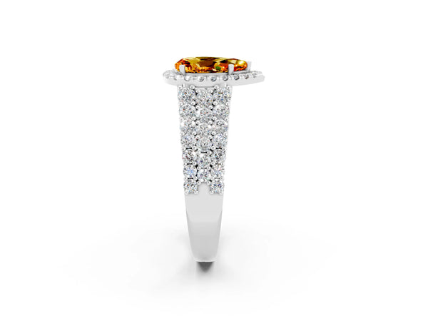 Platinum Pear Cut Citrine Halo Engagement Ring with Triple Row Round Pavé Band and Prong Setting