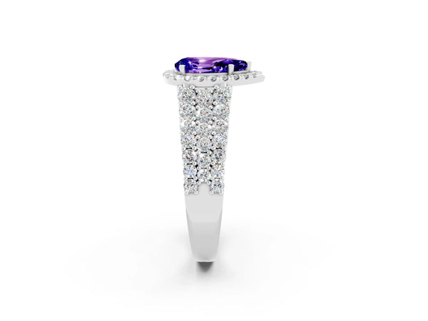 Platinum Pear Cut Tanzanite Halo Engagement Ring with Triple Row Round Pavé Band and Prong Setting