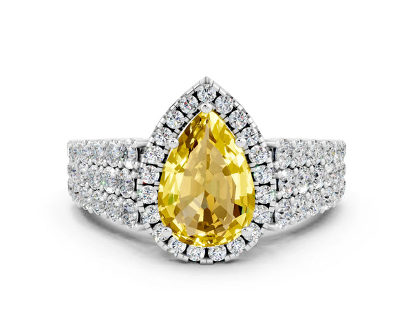 White gold Pear Cut Yellow Sapphire Halo Engagement Ring with Triple Row Round Pavé Band and Prong Setting