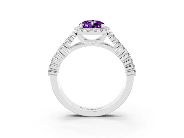 Platinum Pear Cut Amethyst Halo Engagement Ring with Triple Row Round Pavé Band and Prong Setting