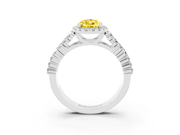 Platinum Pear Cut Yellow Sapphire Halo Engagement Ring with Triple Row Round Pavé Band and Prong Setting