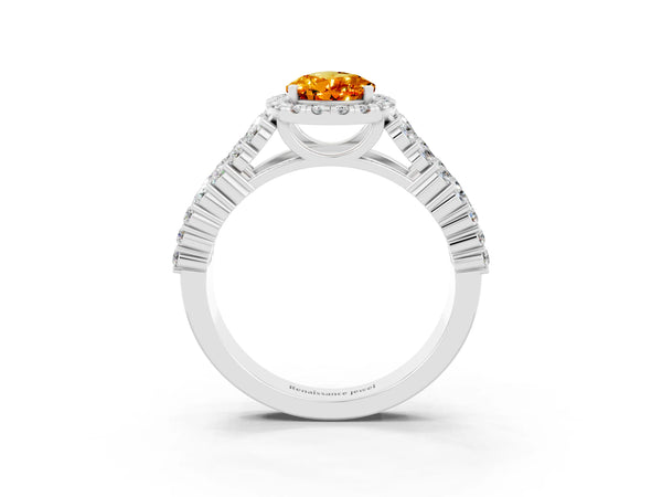 Platinum Pear Cut Citrine Halo Engagement Ring with Triple Row Round Pavé Band and Prong Setting