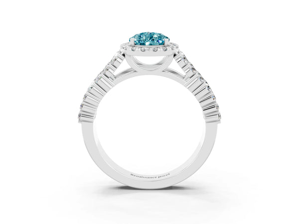Platinum Pear Cut Halo Pavé Diamond Engagement Ring with Split Shank and Four-Prong Setting