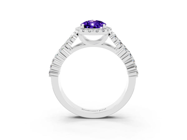 White gold Pear Cut Tanzanite Halo Engagement Ring with Triple Row Round Pavé Band and Prong Setting