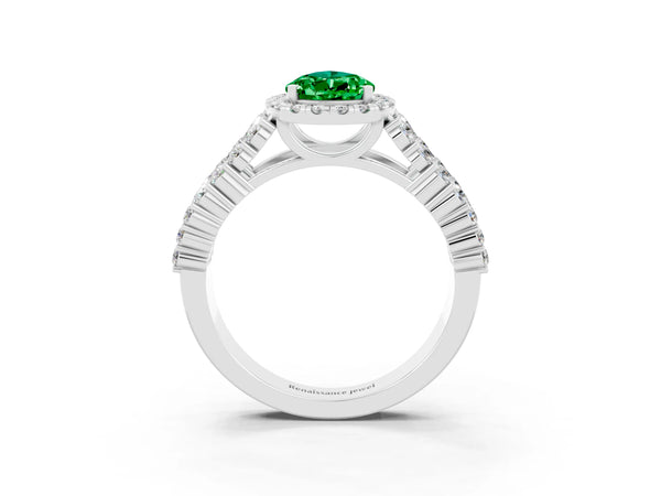 Silver Pear Cut Emerald Halo Engagement Ring with Triple Row Round Pavé Band and Prong Setting
