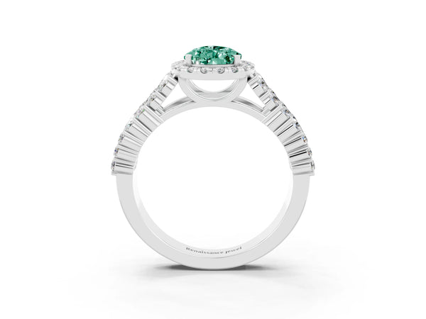 White gold Pear Cut Green Sapphire Halo Engagement Ring with Triple Row Round Pavé Band and Prong Setting