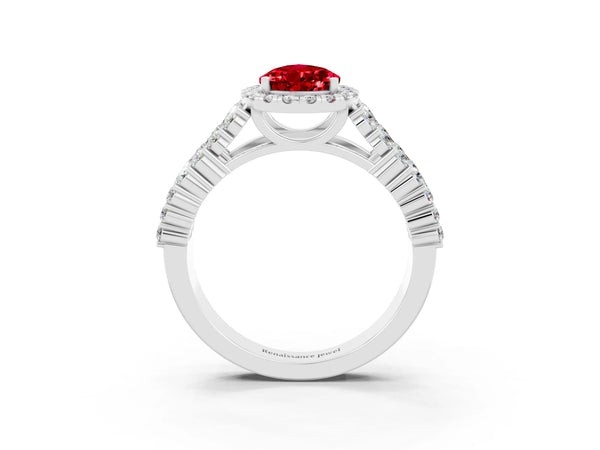 Platinum Pear Cut Halo Pavé Diamond Engagement Ring with Split Shank and Four-Prong Setting