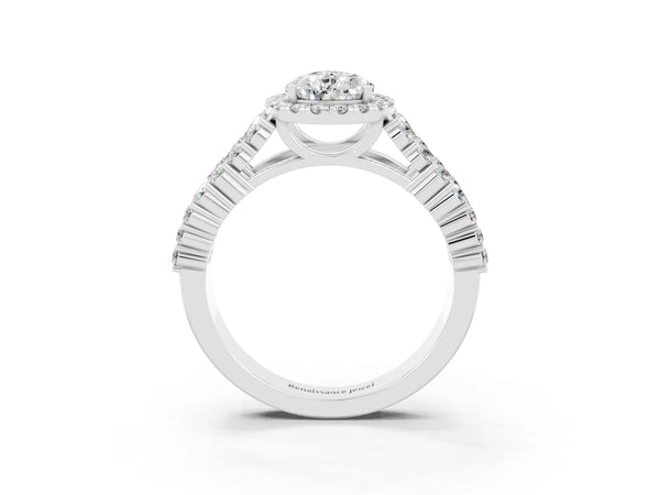 White gold Pear Cut Moissanite Halo Engagement Ring with Triple Row Round Pavé Band and Prong Setting