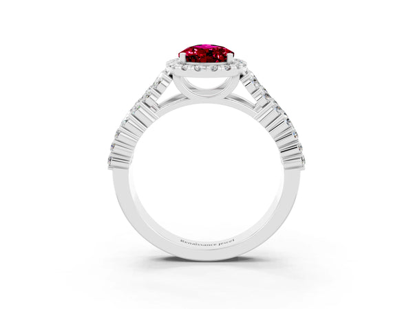 Silver Pear Cut Garnet Halo Engagement Ring with Triple Row Round Pavé Band and Prong Setting
