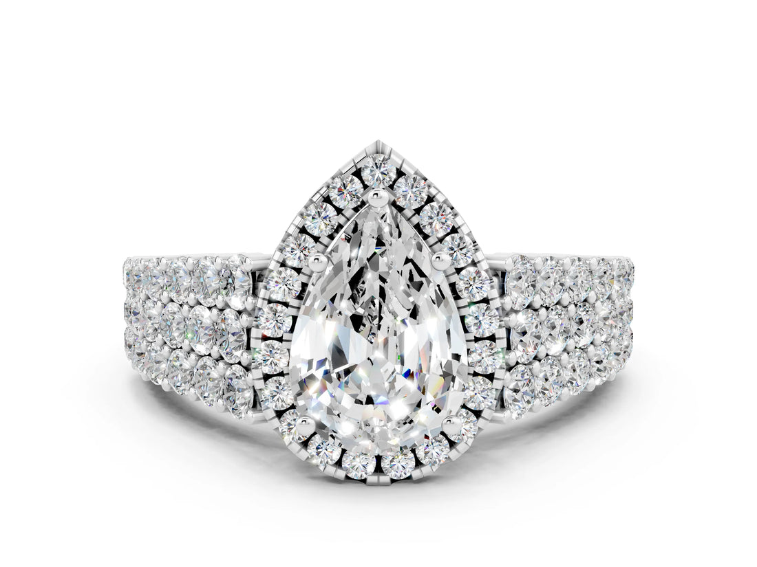 White gold Pear Cut Halo Pavé Diamond Engagement Ring with Split Shank and Four-Prong Setting