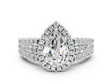 White gold Pear Cut Halo Pavé Diamond Engagement Ring with Split Shank and Four-Prong Setting