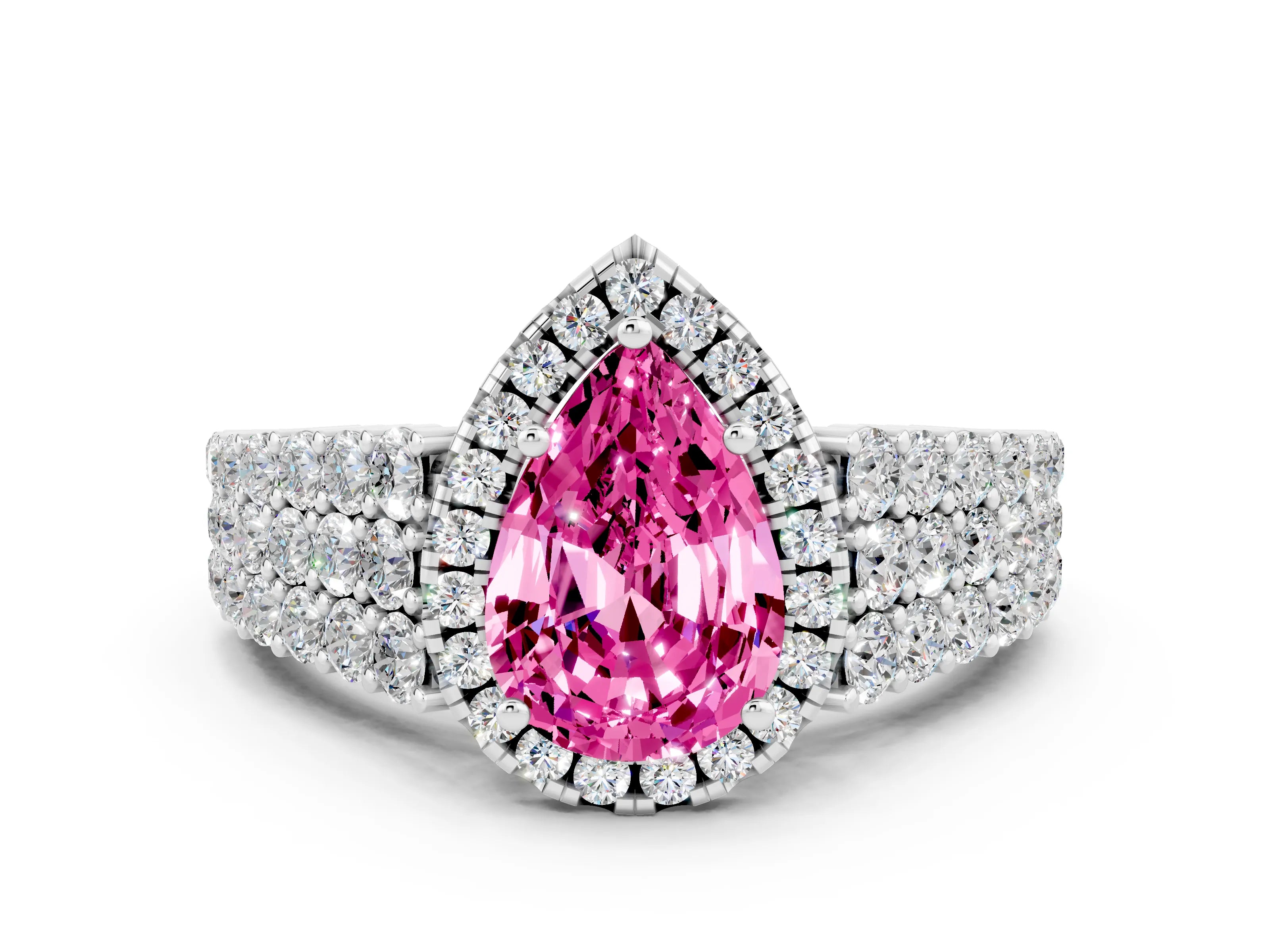 White gold Pear Cut Halo Pavé Diamond Engagement Ring with Split Shank and Four-Prong Setting