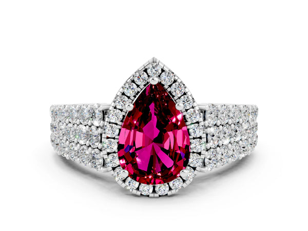 Silver Pear Cut Garnet Halo Engagement Ring with Triple Row Round Pavé Band and Prong Setting