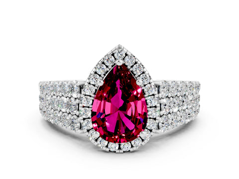 White gold Pear Cut Halo Pavé Diamond Engagement Ring with Split Shank and Four-Prong Setting