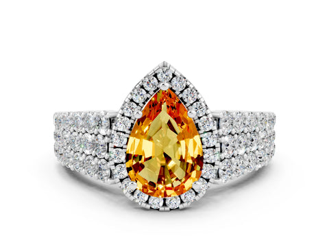 White gold Pear Cut Halo Pavé Diamond Engagement Ring with Split Shank and Four-Prong Setting