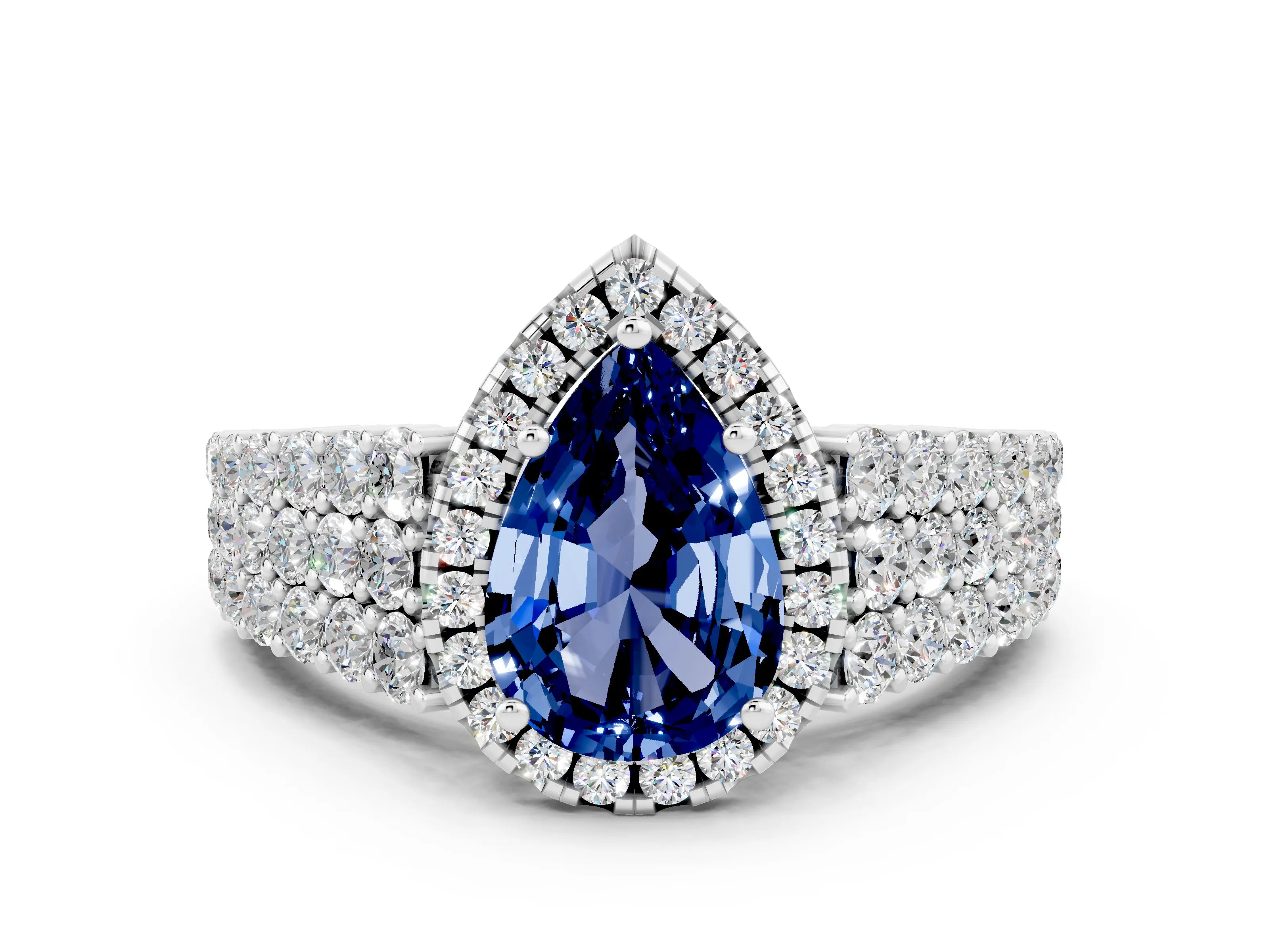 White gold Pear Cut Halo Pavé Diamond Engagement Ring with Split Shank and Four-Prong Setting