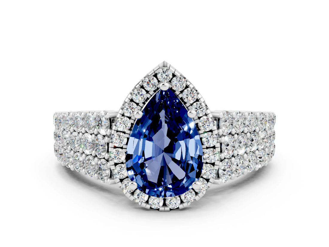 White gold Pear Cut Halo Pavé Diamond Engagement Ring with Split Shank and Four-Prong Setting