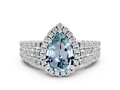 White gold Pear Cut Halo Pavé Diamond Engagement Ring with Split Shank and Four-Prong Setting