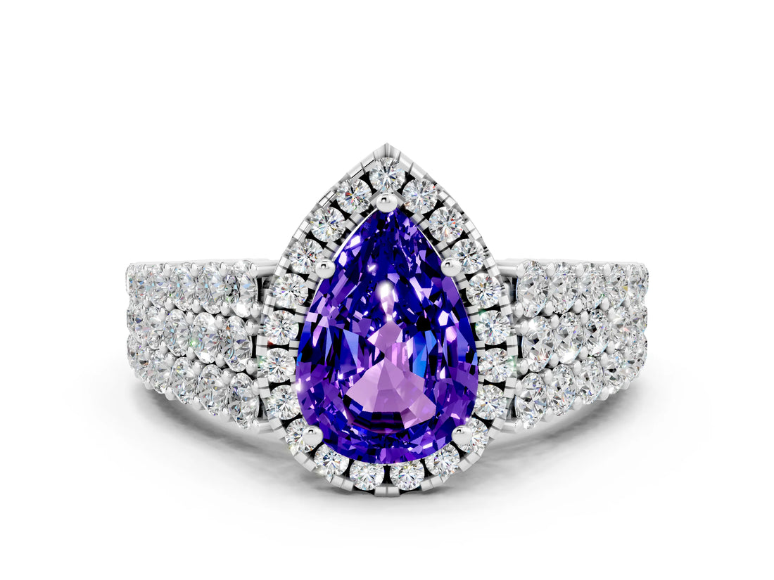 White gold Pear Cut Halo Pavé Diamond Engagement Ring with Split Shank and Four-Prong Setting