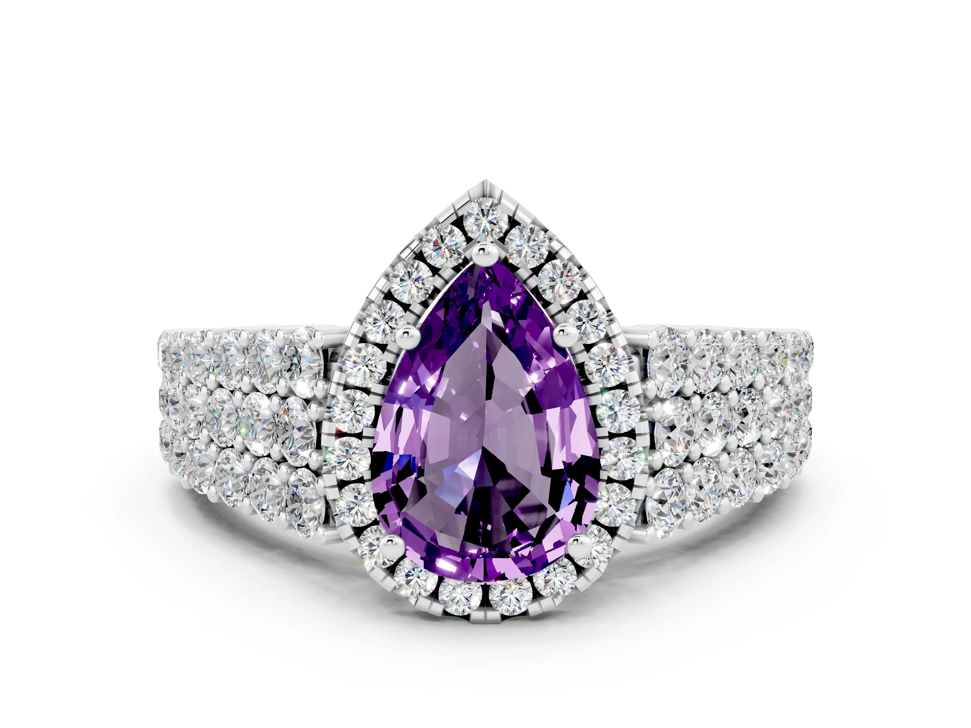 White gold Pear Cut Halo Pavé Diamond Engagement Ring with Split Shank and Four-Prong Setting