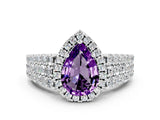 White gold Pear Cut Halo Pavé Diamond Engagement Ring with Split Shank and Four-Prong Setting