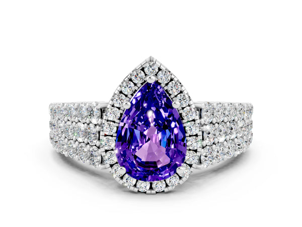 White gold Pear Cut Tanzanite Halo Engagement Ring with Triple Row Round Pavé Band and Prong Setting