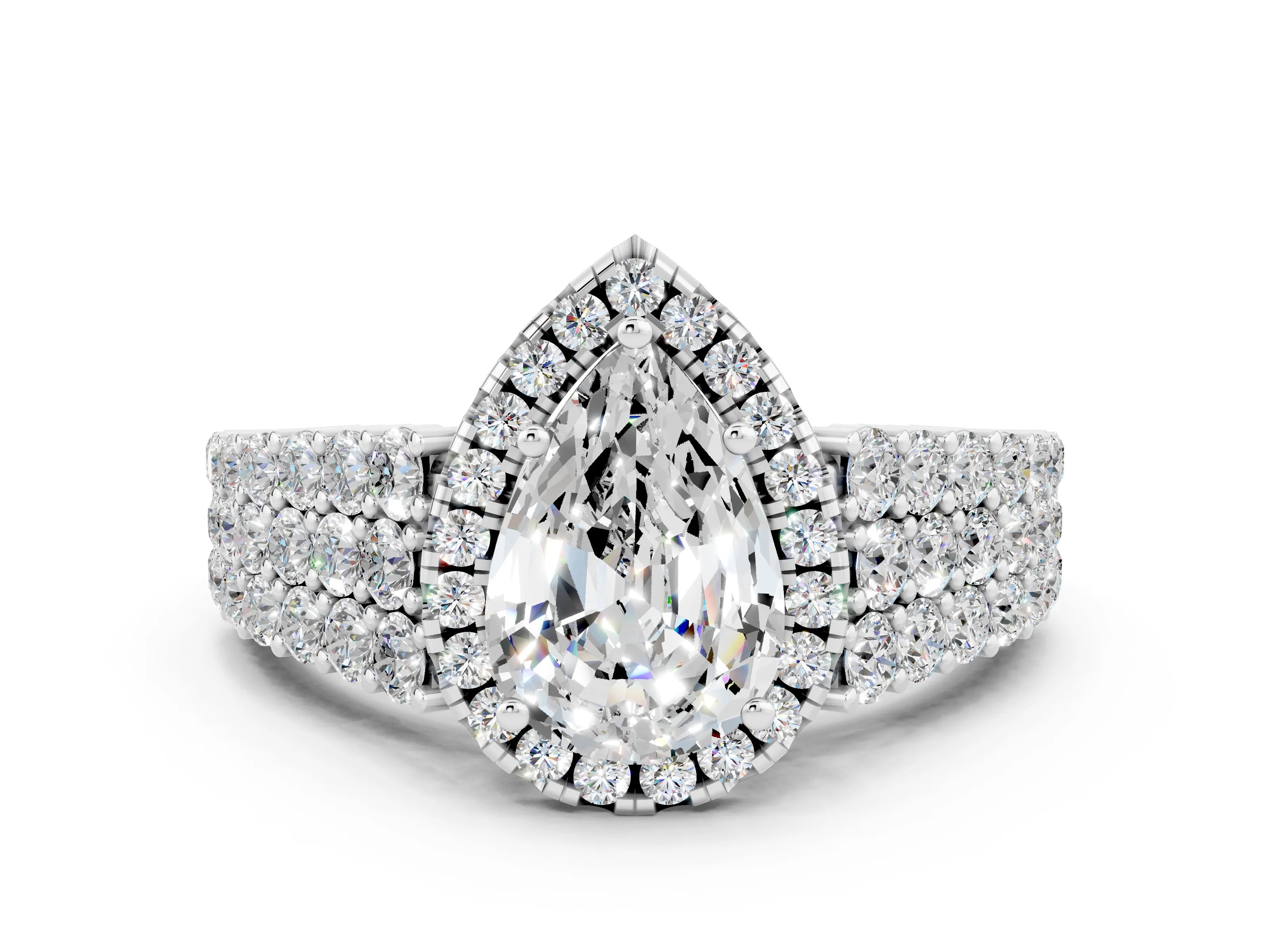 White gold Pear Cut Halo Pavé Diamond Engagement Ring with Split Shank and Four-Prong Setting