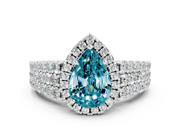 White gold Pear Cut Halo Pavé Diamond Engagement Ring with Split Shank and Four-Prong Setting