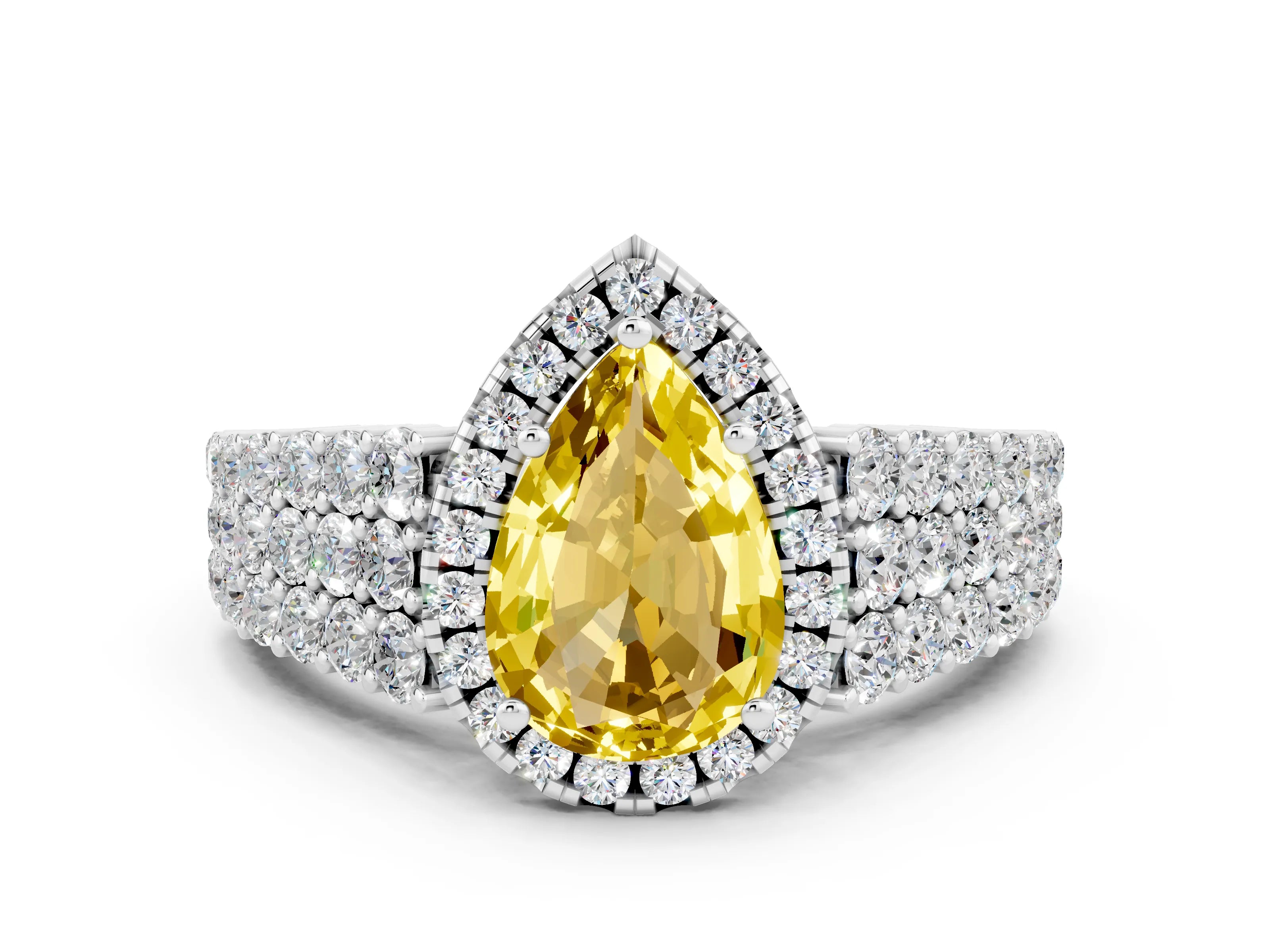 White gold Pear Cut Halo Pavé Diamond Engagement Ring with Split Shank and Four-Prong Setting