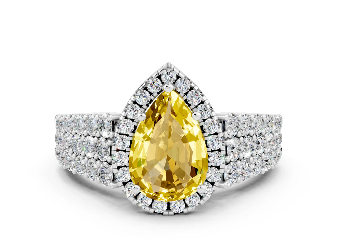 White gold Pear Cut Halo Pavé Diamond Engagement Ring with Split Shank and Four-Prong Setting