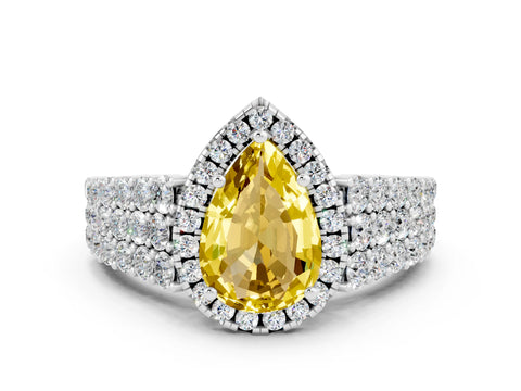 White gold Pear Cut Halo Pavé Diamond Engagement Ring with Split Shank and Four-Prong Setting
