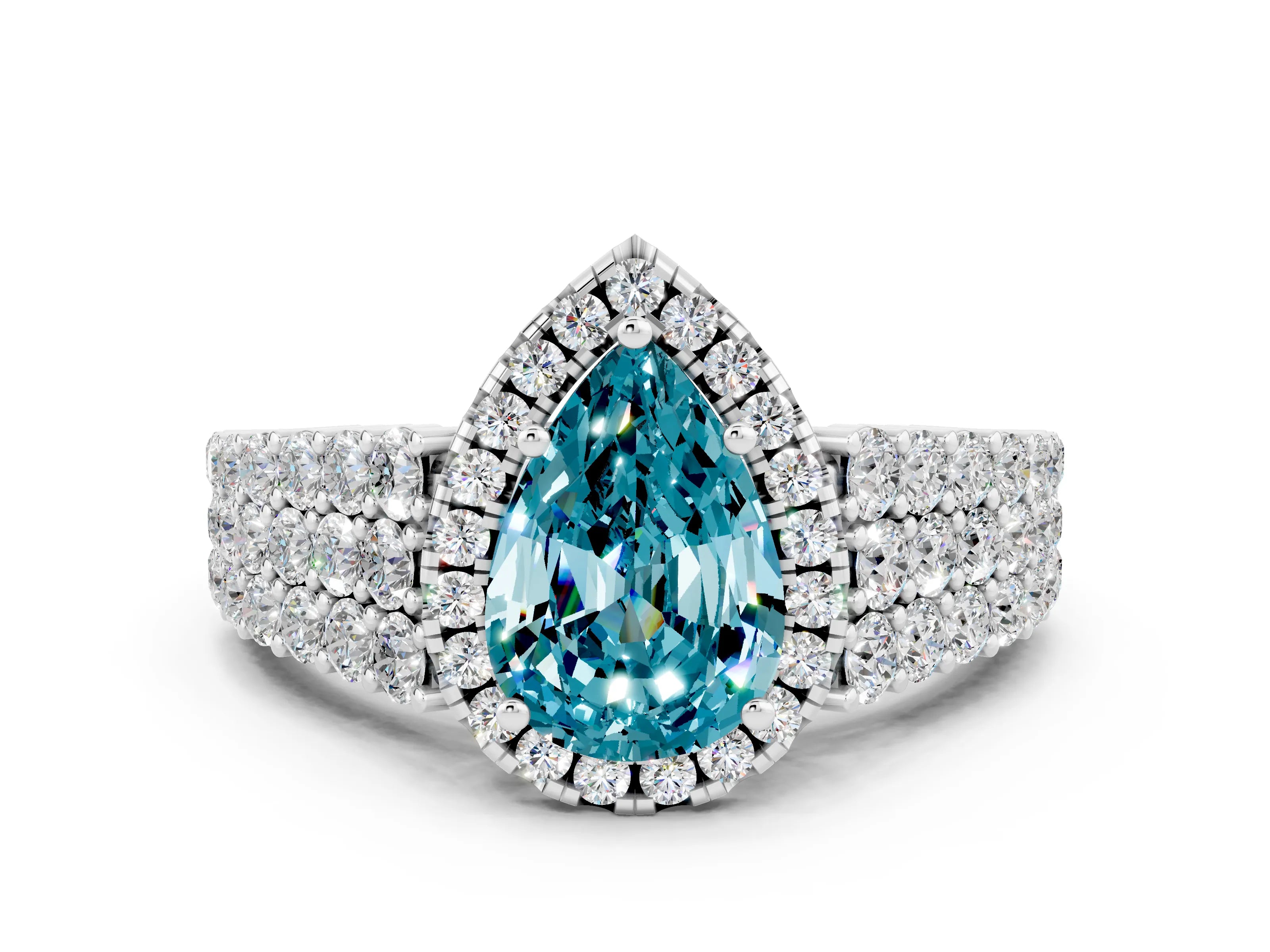 White gold Pear Cut Halo Pavé Diamond Engagement Ring with Split Shank and Four-Prong Setting